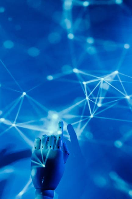 Futuristic robotic hand touching a digital network on a blue background.