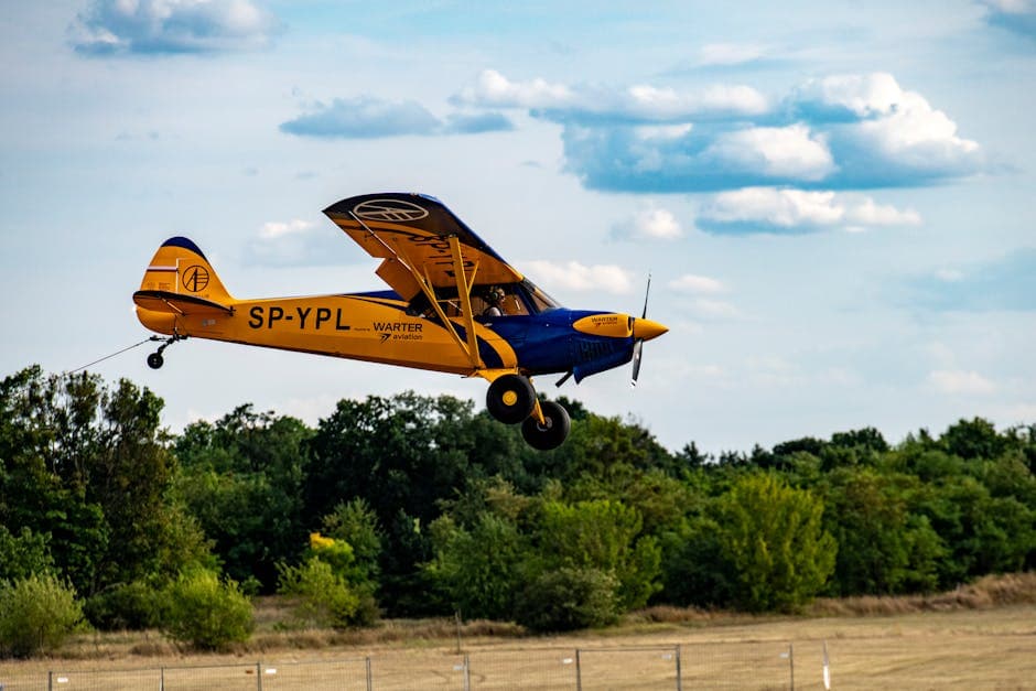 A striking yellow and blue biplane soaring above a lush green landscape on a clear summer day.