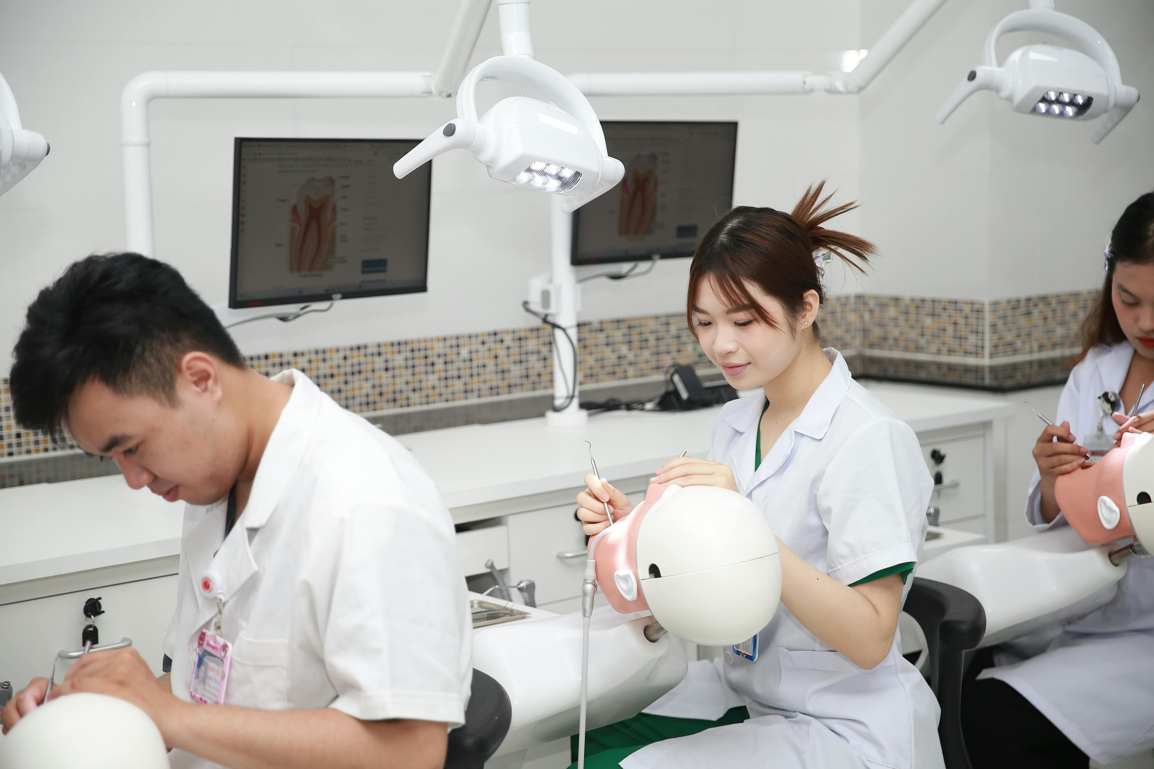 장갑을 낀 치과의사가 정밀한 치아 모형을 들고 있어 치과 진료의 정확성을 보여줍니다.