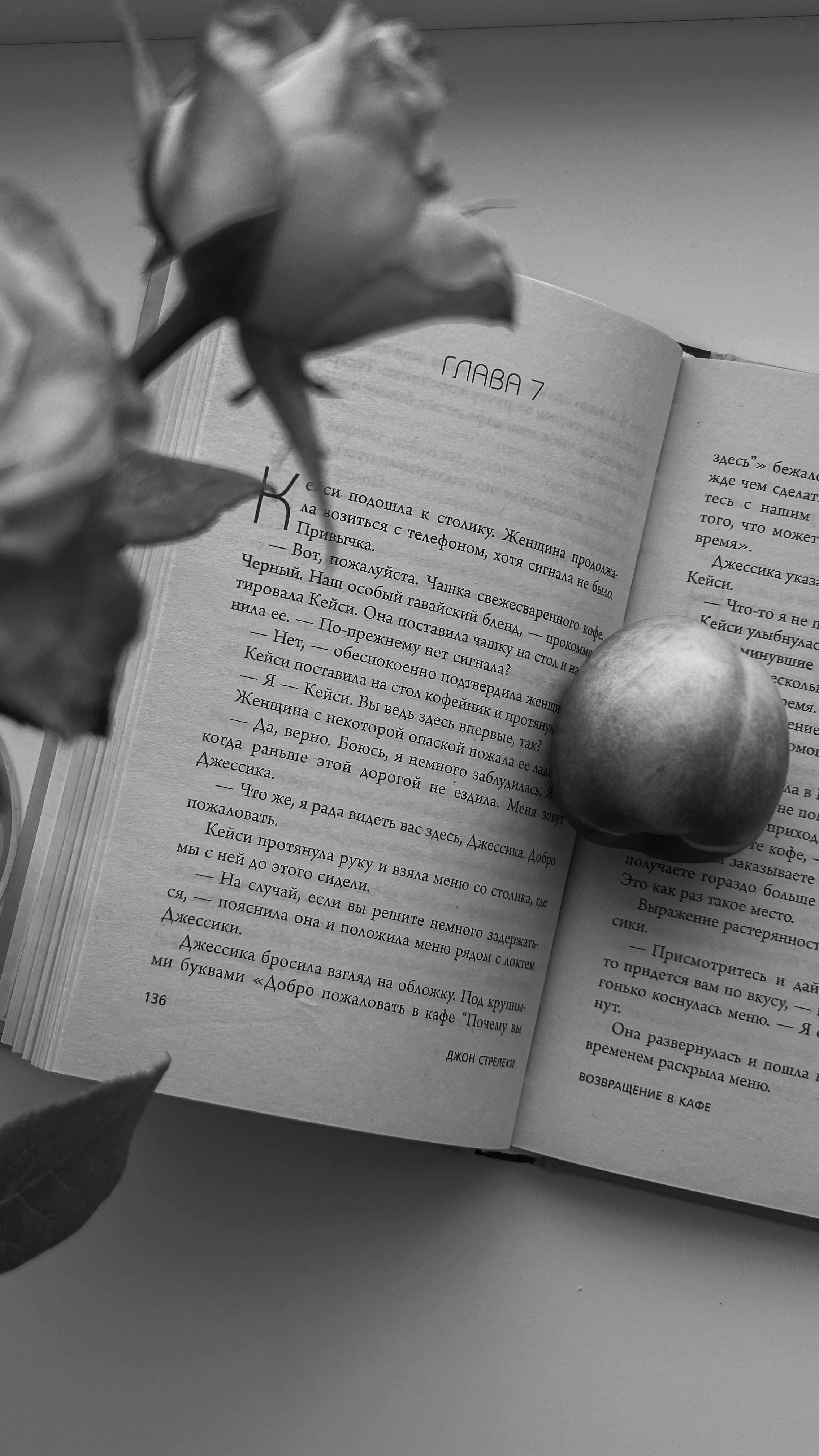 Elegant black and white still life with an open book, apple, and roses.