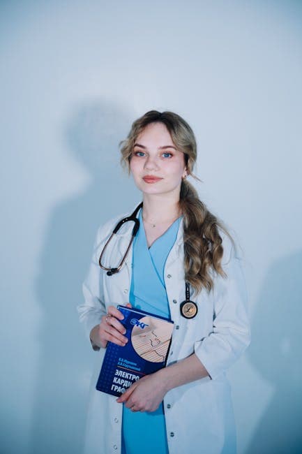 A young female doctor with a stethoscope holds a medical book, signifying healthcare and professionalism.