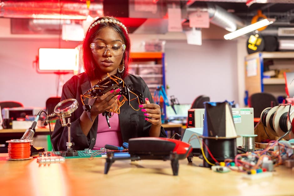 A female engineer assembles a drone with electronics in an indoor workshop setting.
